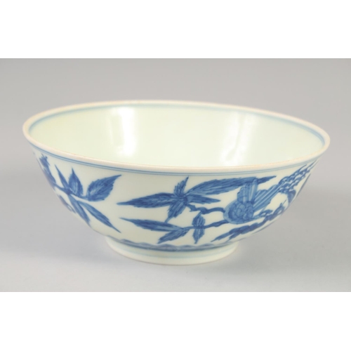 1155 - A CHINESE BLUE AND WHITE PORCELAIN BOWL with floral decoration and birds, six character mark to base... 