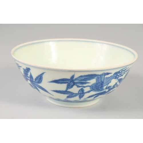 1155 - A CHINESE BLUE AND WHITE PORCELAIN BOWL with floral decoration and birds, six character mark to base... 