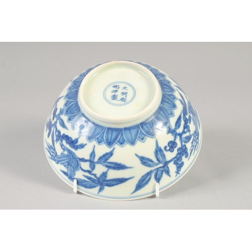 1155 - A CHINESE BLUE AND WHITE PORCELAIN BOWL with floral decoration and birds, six character mark to base... 