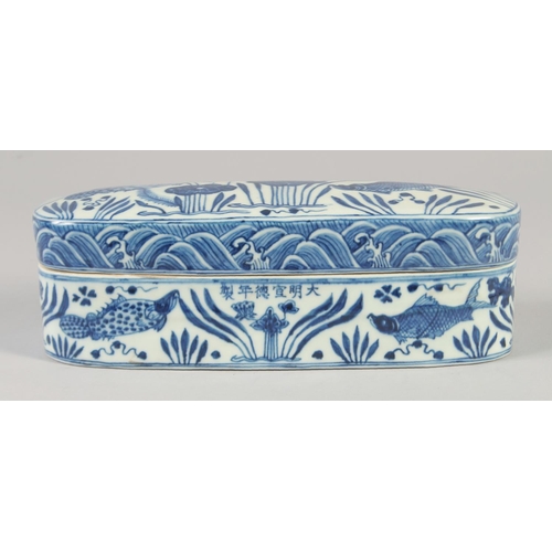 1156 - A CHINESE BLUE AND WHITE PORCELAIN SCRIBES BOX, decorated with fish and aquatic flora. 28cm long.... 