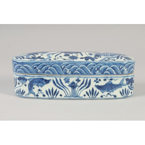 1156 - A CHINESE BLUE AND WHITE PORCELAIN SCRIBES BOX, decorated with fish and aquatic flora. 28cm long.... 