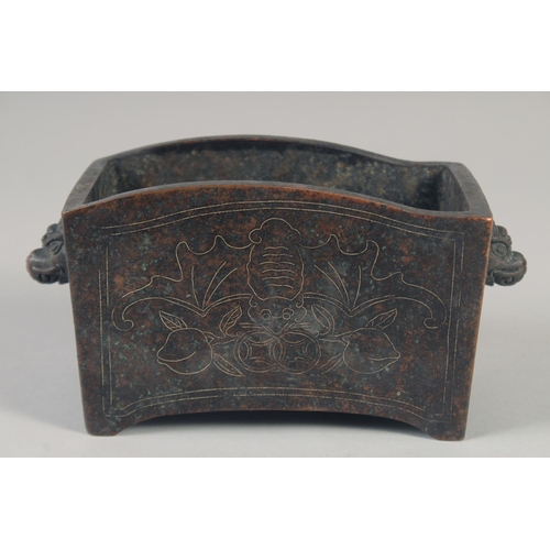 1158 - A GOOD CHINESE SILVER INLAID RECTANGULAR CENSER. 6ins long.