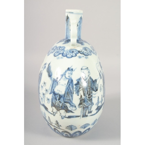 1183 - A CHINESE BLUE AND WHITE PORCELAIN TWIN HANDLE MOON FLASK, decorated with various figures, bearing s... 