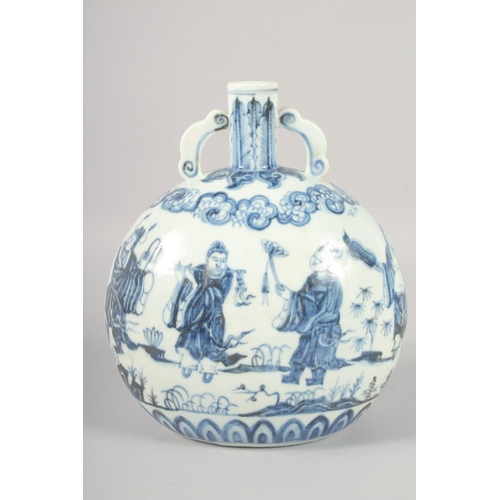 1183 - A CHINESE BLUE AND WHITE PORCELAIN TWIN HANDLE MOON FLASK, decorated with various figures, bearing s... 