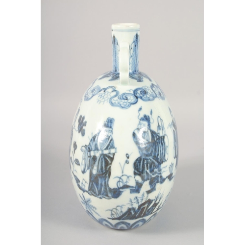 1183 - A CHINESE BLUE AND WHITE PORCELAIN TWIN HANDLE MOON FLASK, decorated with various figures, bearing s... 