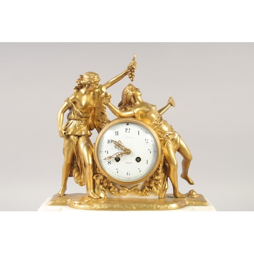 1192 - A VERY GOOD LOUIS XVI GILT BRONZE AND MARBLE CLOCK with 11mm white enamel dial with black numbers, t... 