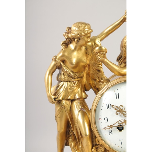 1192 - A VERY GOOD LOUIS XVI GILT BRONZE AND MARBLE CLOCK with 11mm white enamel dial with black numbers, t... 