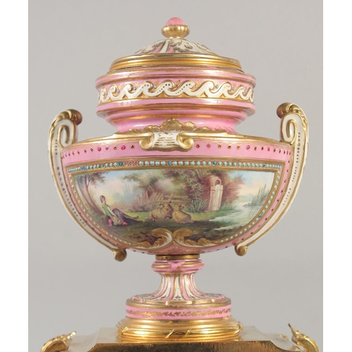 1193 - A SUPERB LOUIS XVI GILT BRONZE AND PINK PORCELAIN CLOCK GARNITURE DE CHEMINEE. The clock with Madame... 