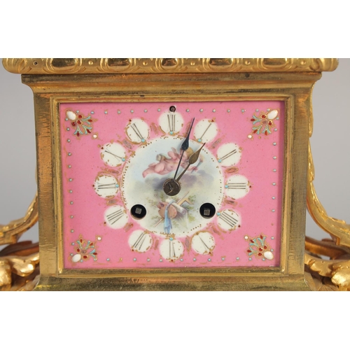 1193 - A SUPERB LOUIS XVI GILT BRONZE AND PINK PORCELAIN CLOCK GARNITURE DE CHEMINEE. The clock with Madame... 