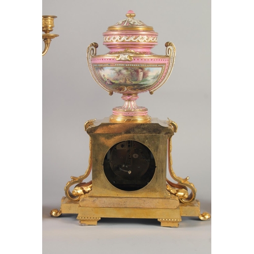 1193 - A SUPERB LOUIS XVI GILT BRONZE AND PINK PORCELAIN CLOCK GARNITURE DE CHEMINEE. The clock with Madame... 