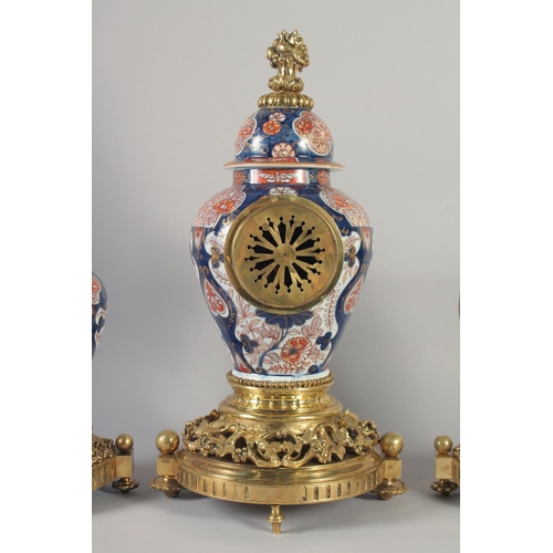 1194 - A SUPERB 19TH CENTURY FRENCH IMARI PORCELAIN AND GILT BRONZE THREE PIECE CLOCK GARNITURE by H LUPPEU... 