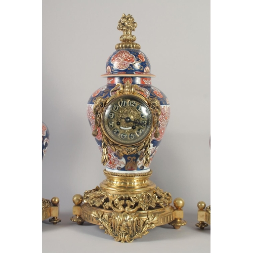 1194 - A SUPERB 19TH CENTURY FRENCH IMARI PORCELAIN AND GILT BRONZE THREE PIECE CLOCK GARNITURE by H LUPPEU... 