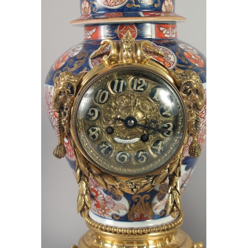 1194 - A SUPERB 19TH CENTURY FRENCH IMARI PORCELAIN AND GILT BRONZE THREE PIECE CLOCK GARNITURE by H LUPPEU... 