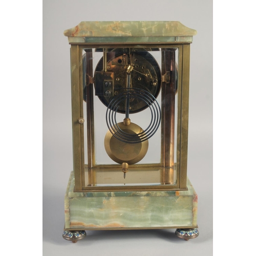 1196 - A GOOD 19TH CENTURY FRENCH ONYX AND CHAMPLEVE ENAMEL CLOCK with glass sides and door with bob pendul... 