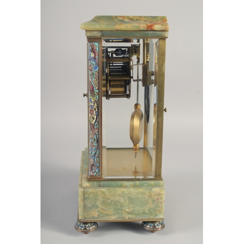 1196 - A GOOD 19TH CENTURY FRENCH ONYX AND CHAMPLEVE ENAMEL CLOCK with glass sides and door with bob pendul... 