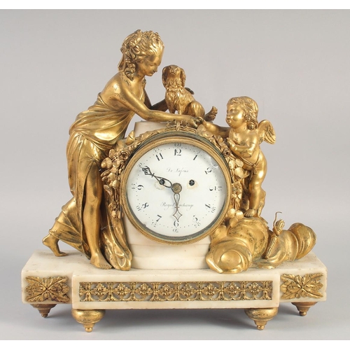 1197 - A GOOD 18TH CENTURY FRENCH GILT BRONZE AND MARBLE CLOCK, Le Lafons, Royal Exchange with white enamel... 