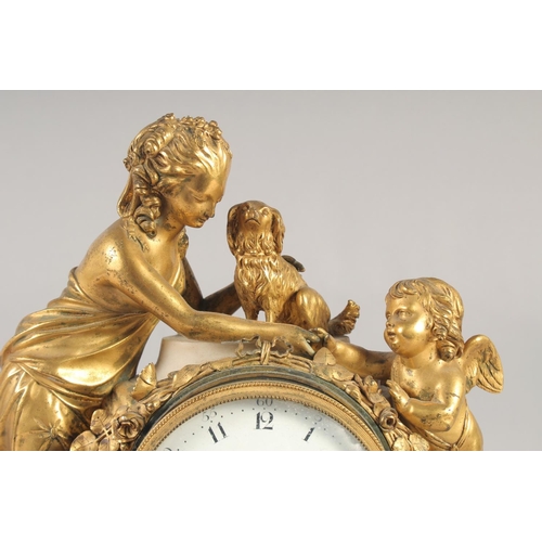 1197 - A GOOD 18TH CENTURY FRENCH GILT BRONZE AND MARBLE CLOCK, Le Lafons, Royal Exchange with white enamel... 