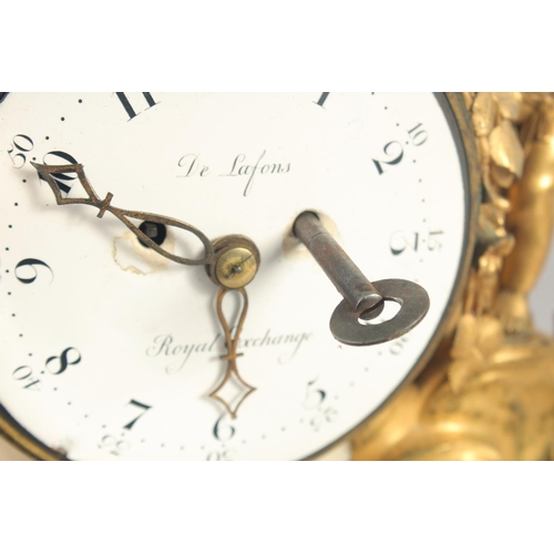 1197 - A GOOD 18TH CENTURY FRENCH GILT BRONZE AND MARBLE CLOCK, Le Lafons, Royal Exchange with white enamel... 