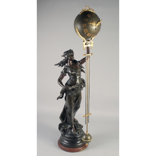 1198 - AUGUSTE MOREAU. A GOOD LARGE 19TH CENTURY FRENCH PENDULUM CLOCK formed as a young lady holding a swi... 