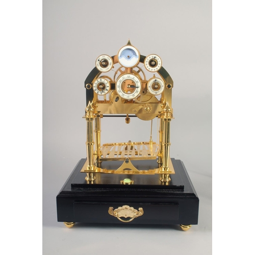 1200 - A VERY GOOD GILT MOONPHASE CONGREAVE CLOCK with six dials in a glass frame, the base with single dra... 