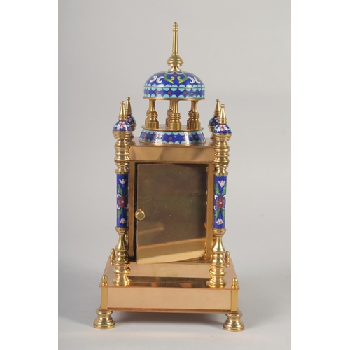 1204 - A BLUE CLOISONNE ENAMEL CLOCK with domed top and four pillars.