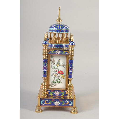 1204 - A BLUE CLOISONNE ENAMEL CLOCK with domed top and four pillars.