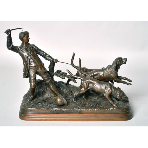 1218 - E. DUBUCAND (19TH CENTURY, FRENCH. A BRONZE OF A YOUNG MAN WITH THREE HOUNDS Signed, 7.5ins (19cm) i... 