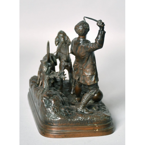 1218 - E. DUBUCAND (19TH CENTURY, FRENCH. A BRONZE OF A YOUNG MAN WITH THREE HOUNDS Signed, 7.5ins (19cm) i... 