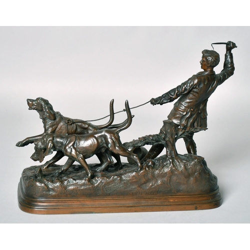 1218 - E. DUBUCAND (19TH CENTURY, FRENCH. A BRONZE OF A YOUNG MAN WITH THREE HOUNDS Signed, 7.5ins (19cm) i... 