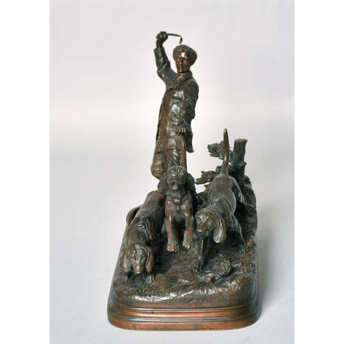 1218 - E. DUBUCAND (19TH CENTURY, FRENCH. A BRONZE OF A YOUNG MAN WITH THREE HOUNDS Signed, 7.5ins (19cm) i... 