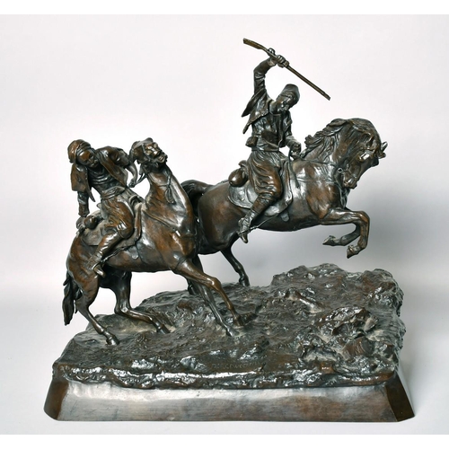 1219 - ABRAHAM C. F. WOERFFEL. (19th CENTURY) RUSSIAN. A SUPERB BRONZE GROUP OF TWO COSSACKS ON HORSEBACK. ... 