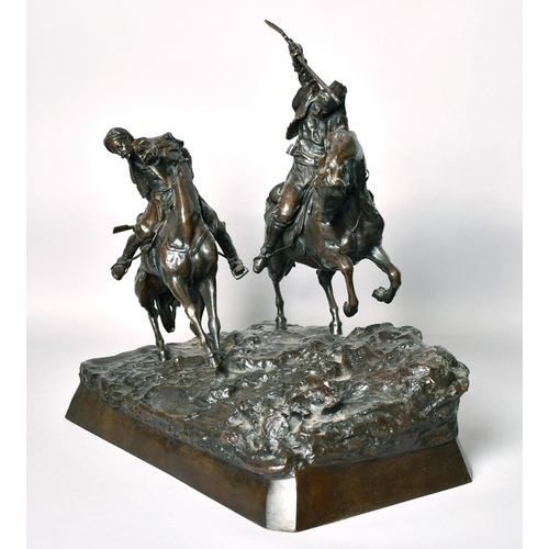 1219 - ABRAHAM C. F. WOERFFEL. (19th CENTURY) RUSSIAN. A SUPERB BRONZE GROUP OF TWO COSSACKS ON HORSEBACK. ... 