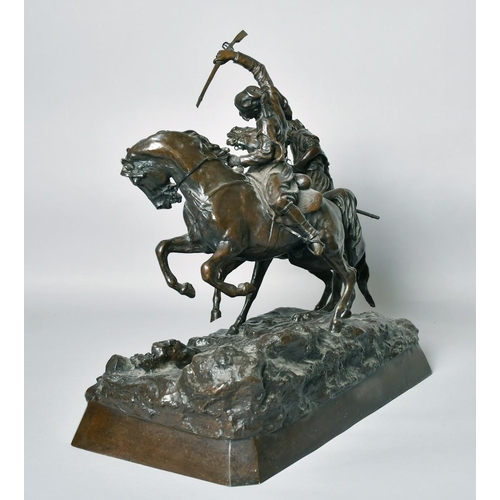 1219 - ABRAHAM C. F. WOERFFEL. (19th CENTURY) RUSSIAN. A SUPERB BRONZE GROUP OF TWO COSSACKS ON HORSEBACK. ... 