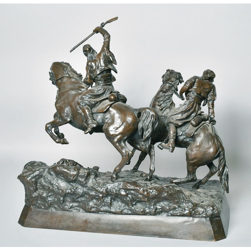 1219 - ABRAHAM C. F. WOERFFEL. (19th CENTURY) RUSSIAN. A SUPERB BRONZE GROUP OF TWO COSSACKS ON HORSEBACK. ... 