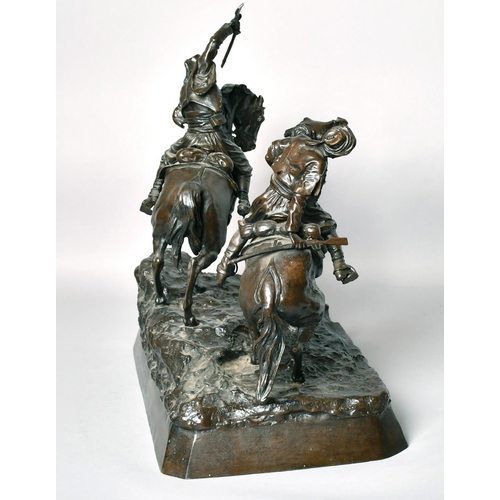 1219 - ABRAHAM C. F. WOERFFEL. (19th CENTURY) RUSSIAN. A SUPERB BRONZE GROUP OF TWO COSSACKS ON HORSEBACK. ... 