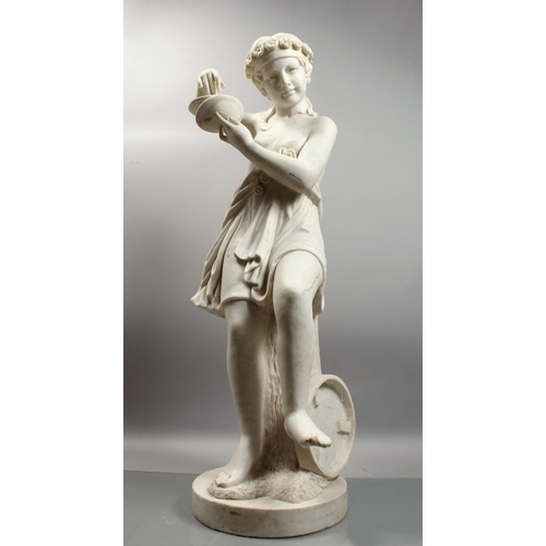 1220 - A FINE QUALITY ITALIAN MARBLE SCULPTURE OF A YOUNG CHILD playing cymbals. 44.5ins high, (113cm).