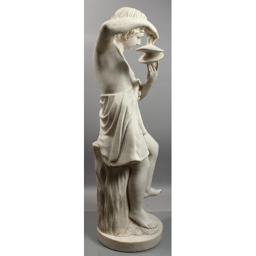 1220 - A FINE QUALITY ITALIAN MARBLE SCULPTURE OF A YOUNG CHILD playing cymbals. 44.5ins high, (113cm).