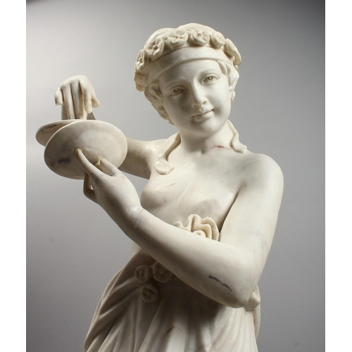 1220 - A FINE QUALITY ITALIAN MARBLE SCULPTURE OF A YOUNG CHILD playing cymbals. 44.5ins high, (113cm).