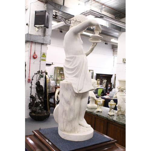 1220 - A FINE QUALITY ITALIAN MARBLE SCULPTURE OF A YOUNG CHILD playing cymbals. 44.5ins high, (113cm).