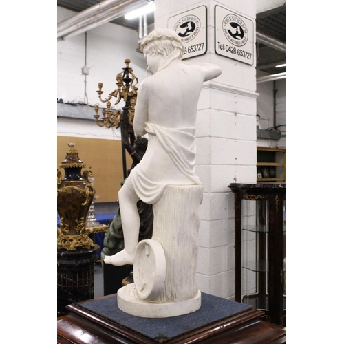 1220 - A FINE QUALITY ITALIAN MARBLE SCULPTURE OF A YOUNG CHILD playing cymbals. 44.5ins high, (113cm).