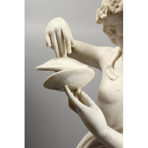 1220 - A FINE QUALITY ITALIAN MARBLE SCULPTURE OF A YOUNG CHILD playing cymbals. 44.5ins high, (113cm).