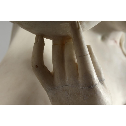 1220 - A FINE QUALITY ITALIAN MARBLE SCULPTURE OF A YOUNG CHILD playing cymbals. 44.5ins high, (113cm).