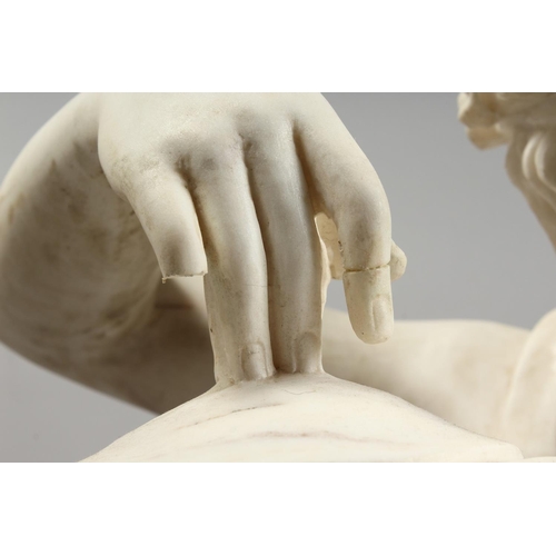 1220 - A FINE QUALITY ITALIAN MARBLE SCULPTURE OF A YOUNG CHILD playing cymbals. 44.5ins high, (113cm).