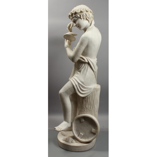 1220 - A FINE QUALITY ITALIAN MARBLE SCULPTURE OF A YOUNG CHILD playing cymbals. 44.5ins high, (113cm).