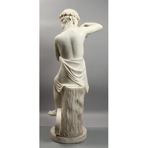 1220 - A FINE QUALITY ITALIAN MARBLE SCULPTURE OF A YOUNG CHILD playing cymbals. 44.5ins high, (113cm).