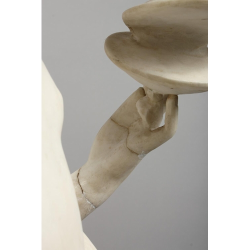 1220 - A FINE QUALITY ITALIAN MARBLE SCULPTURE OF A YOUNG CHILD playing cymbals. 44.5ins high, (113cm).