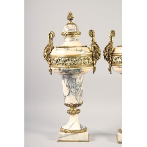 1231 - A VERY GOOD PAIR OF LOUIS XVI MANNER VEINED MARBLE GILT BRONZE CASSOLETTES with pineapple finials an... 