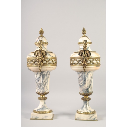 1231 - A VERY GOOD PAIR OF LOUIS XVI MANNER VEINED MARBLE GILT BRONZE CASSOLETTES with pineapple finials an... 