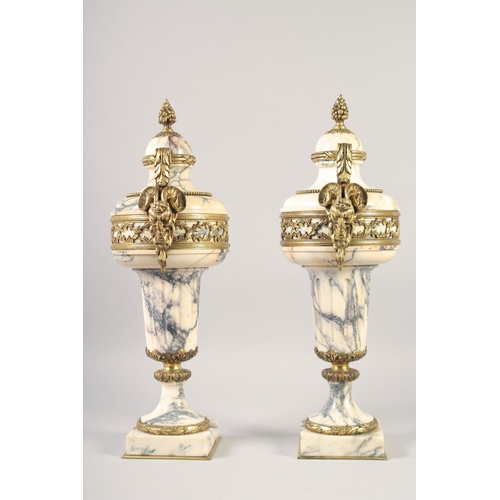 1231 - A VERY GOOD PAIR OF LOUIS XVI MANNER VEINED MARBLE GILT BRONZE CASSOLETTES with pineapple finials an... 