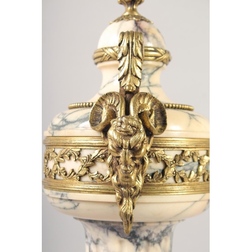 1231 - A VERY GOOD PAIR OF LOUIS XVI MANNER VEINED MARBLE GILT BRONZE CASSOLETTES with pineapple finials an... 